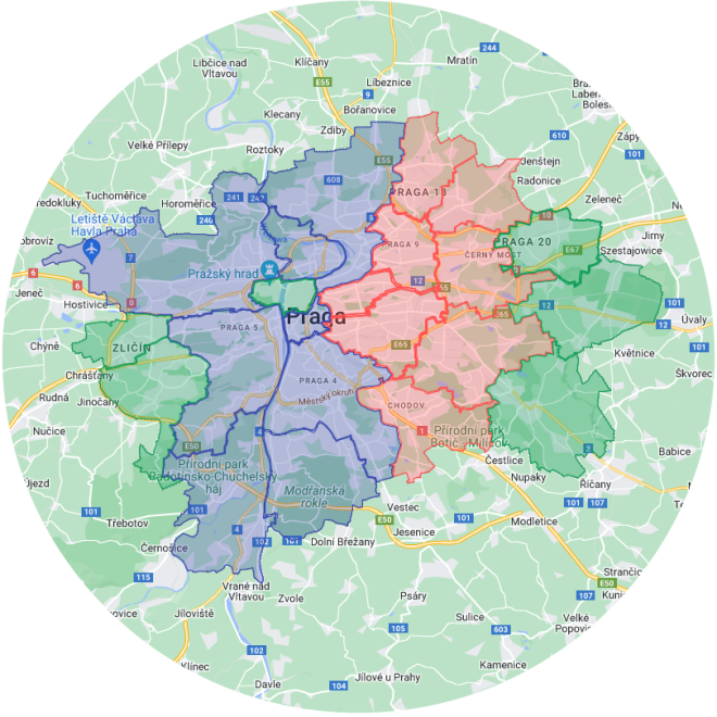 Dzielnice i osiedla (správní obvody i městské části) Pragi, Czechy