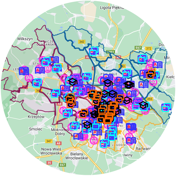 Przedszkola/szkoły/licea/technika Wrocławia, Polska. Szkoły i placówki publiczne prowadzone przez Miasto Wrocław. Mapa. Przedszkola, Zespoły przedszkoli, Szkoły podstawowe, Zespoły Szkolno-Przedszkolne, Zespoły Szkół Podstawowych, Szkoły ponadpodstawowe, Licea Ogólnokształcące, Szkoły Policealne, Szkoły Branżowe, Technika, Zespoły Szkół Ponadpodstawowych